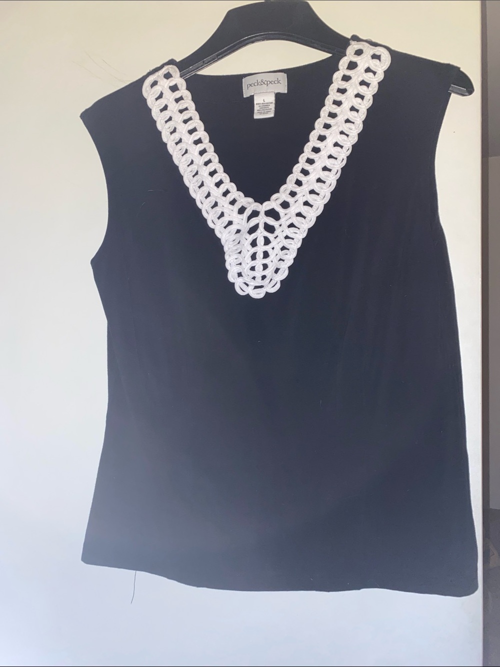 Peck & Peck Black Sleeveless Tank with White Crochet V-Neck